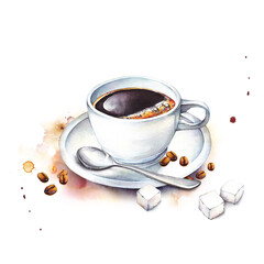 Hand drawn watercolor illustration cup of coffee, coffee beans, sugars and teaspoon