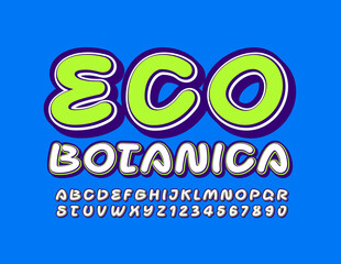 Vector creative emblem Eco Botanica. Handwritten Alphabet letters and Numbers. Retro style Font