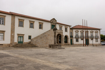 Vila do Conde Town Hall and Pillory at Vasco da Gama Square, Portugal.