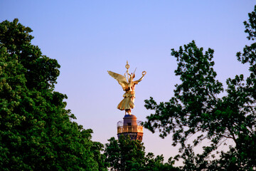 View on the Victory Column in Berlin, Germany at sunset.