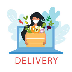 Concept vector illustration for ordering food online. Girl holds a box of fruit. Food delivery service
