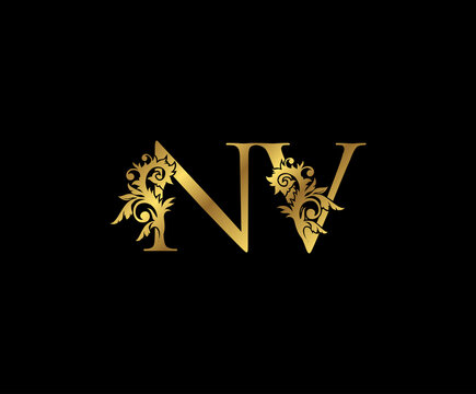 Classy Gold letter N,V and NV Vintage decorative ornament letter stamp, wedding logo, classy letter logo icon.