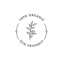 Natural organic logo. Simple eco friendly round line sticker isolated on white background. Outline 100 % organic flower sustainable stamp tag, vector illustration