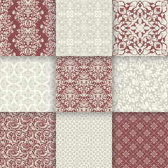 Set of 9 Vintage seamless damask patterns. Template greeting card, invitation and advertising banner, brochure. Antique seamless background collection for wallpaper, textile, tile, packaging © psk55