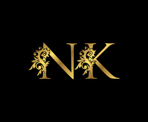 Classy Gold letter N, K and NK Vintage decorative ornament letter stamp, wedding logo, classy letter logo icon.