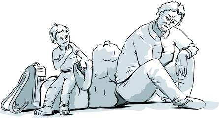 immigrants family, father & son vector drawing