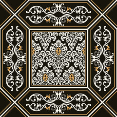 Vintage seamless pattern in Portugal style. Azulejo.Seamless patchwork tile in black and white colors. Endless pattern can be used for ceramic tile, wallpaper, linoleum, textile, web page background