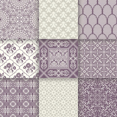 Set of 9 Vintage seamless damask patterns. Template greeting card, invitation and advertising banner, brochure. Antique seamless background collection for wallpaper, textile, tile, packaging