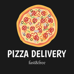Pizza delivery. Online delivery service concept. Banner, card. Fast and free. Vector illustration isolated on black background