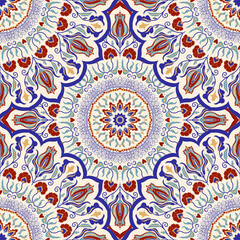 Seamless colorful pattern with Turkish motif. Hand drawn seamless abstract pattern from floral mandala. Majolica pottery tile, blue, yellow azulejo. Original traditional Portuguese and Spain decor