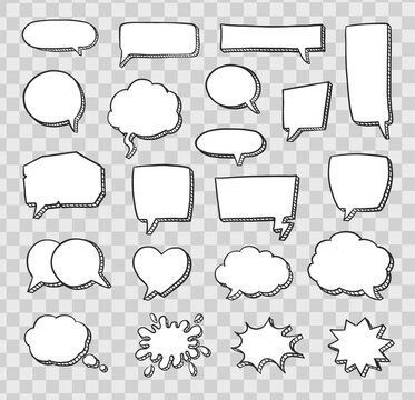 set of speech bubbles on transparent grid. doodle or cartoon, sketch drawing call-outs set, communication design elements