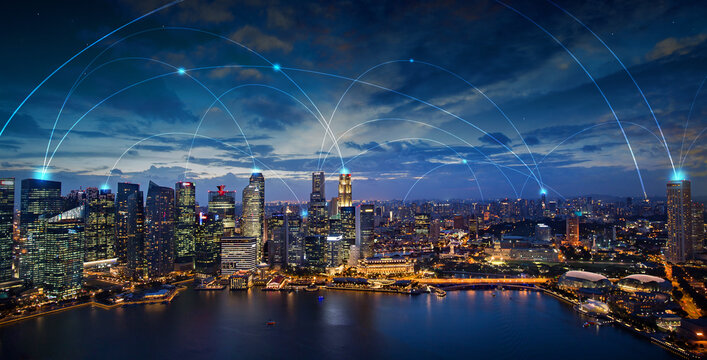 digital connection lines on a night skyline, wireless communication network concept