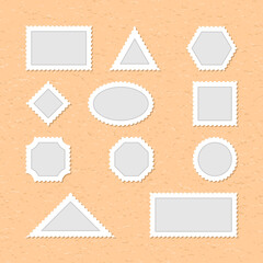 Blank postage stamps are on a background of old beige paper. The postage stamp template is the shape of the rectangle, triangle, hexagon, rhombus, ellipse, square, octagon, and circle shapes.