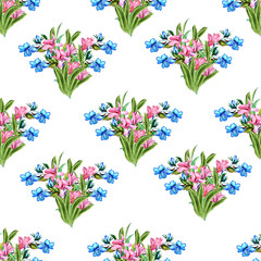 Watercolor hand painted nature meadow floral seamless pattern with pink magnolia, blue flowers and green petals isolated on white background