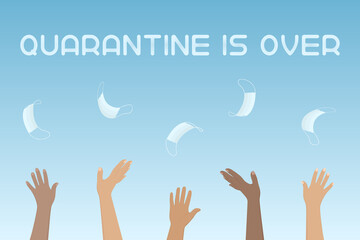 People throw medical masks in the air. Quarantine is over. Vector illustration.