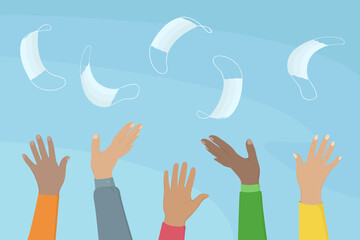 People toss medical masks in the air. Quarantine is over. Vector illustration.