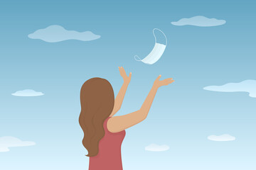 Caucasian woman toss medical mask in the air. Lockdown is over. Vector illustration.