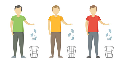 Caucasian man throw medical mask and gloves in wastebasket. Quarantine cancellation. Vector illustration.