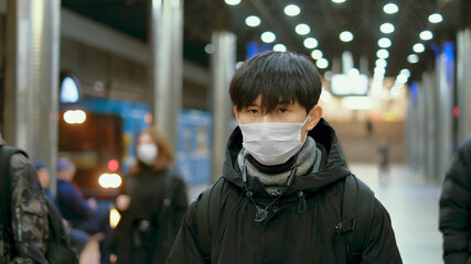 Fototapeta na wymiar Asian Man Walk Portrait. Corona Virus Mers Protection. Fear Flu Air. Environment Pollution Smog. Masked Protect. Protective Masks Asia. Coronavirus.