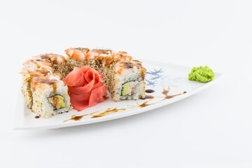 Close-up of traditional Japanese sushi on a white background. Design of the sushi bar menu. Japanese cuisine.