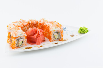Close-up of traditional Japanese sushi on a white background. Design of the sushi bar menu. Japanese cuisine.