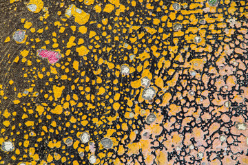 Abstract image of several layers of scaling and peeling paint on the facade of a house, resembling leopard skin background.