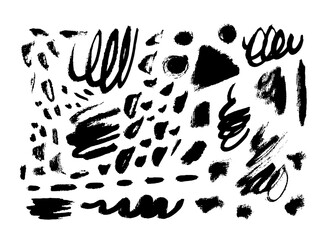 Obraz na płótnie Canvas Brush stroke elements isolated. Ink painting. Cute, funny sketch. Children, kids hand drawing. Geometric elements. Set collection. Vector. Black and white, monochrome. Trendy, modern artwork