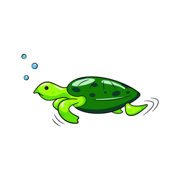 Green sea turtle with air bubbles under the water.Vector isolated image on a white background.Turtle in cartoon style for children. for icons, icon, sticker, illustration for children's books.