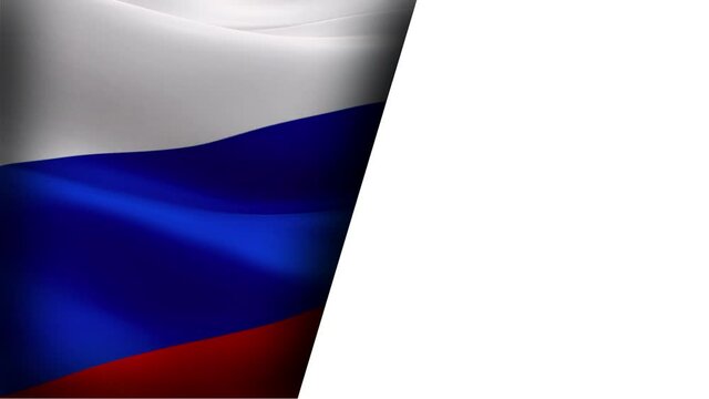 Russian flag video waving in wind half white background for text. Realistic Russian Coat of arms Flag background. Russia Flag Looping Closeup footage.Russia Kremlin country flags video for film,news
