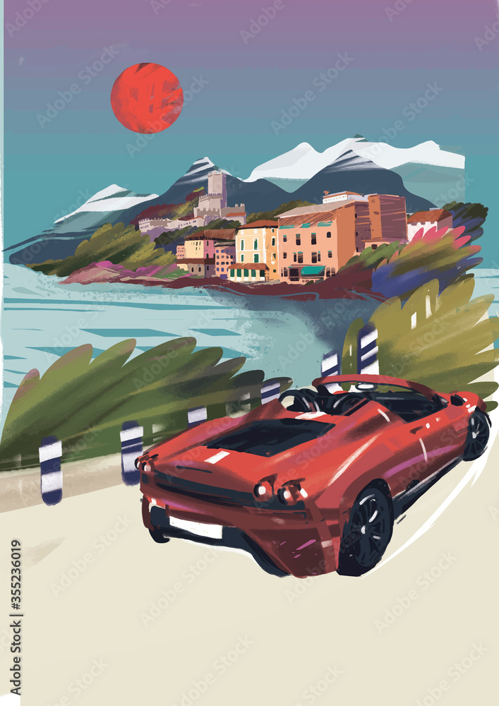 Wall mural romantic rural landscape in sunny day in italy with red cabriolet , sea, houses, mountains, meadows,