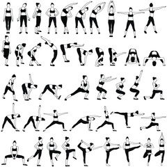 Set of vector sillhouettes of woman doing fitness work out and yoga stretching in standing poses. Fitness and yoga girl icons isolated on white background.