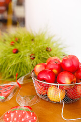 Fruits in a wooden box. Eco-style Birthday party