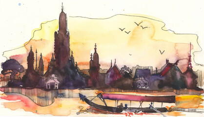 Silhouette illustration of people on gondola in Venice. watercolor illustration. sunrise © Крістіна Цвенгер