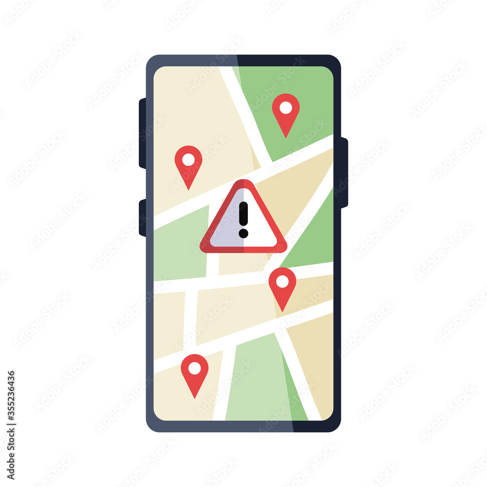 Poster isolated gps marks on smartphone with warning banner vector design