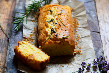 Lemon cake with rosemary and lavender