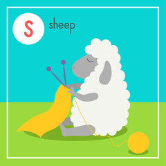 Cute animal alphabet for ABC book. Vector illustration of cartoon animals. Cute fluffy sheep in the meadow knits a scarf. Vector illustration