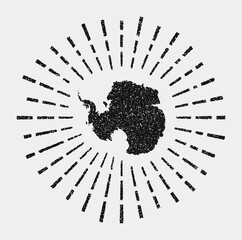 Vintage map of Antarctica. Grunge sunburst around the country. Black Antarctica shape with sun rays on white background. Vector illustration. - obrazy, fototapety, plakaty