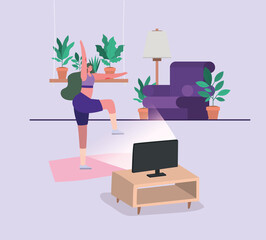 Woman doing yoga on mat in front of computer design of Stay at home theme Vector illustration