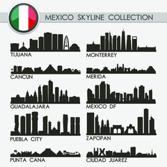 Most Famous Mexico Travel Skyline City Silhouette Design Collection Set - obrazy, fototapety, plakaty