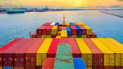 Aerial view container ship arriving industrial terminal seaport, Global transport cargo ship...