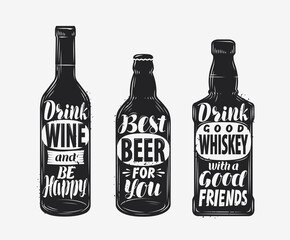 Fototapeta na wymiar Bottle with alcoholic drink and motivating inscription. Hand-drawn lettering vector illustration