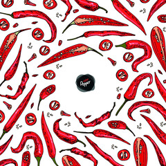 Hand drawn sketch style red Chili peppers set on a circle. Ripe and sliced peppers. Color illustration.