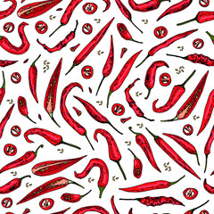Hand drawn sketch style red Chili peppers seamless pattern. Ripe and sliced peppers. Color illustration.