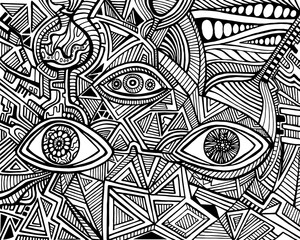 Black and white psychedelic eyes of crazy patterns Coloring page.