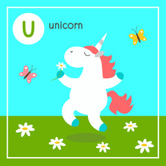 Obraz na płótnie Canvas Cute animal alphabet for ABC book. Vector illustration of cartoon animals. A cheerful unicorn rides through a forest flower meadow, enjoying the smell of flowers and the beauty of butterflies. 