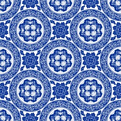 "Line Thai or indigo blue Porcelain plate" Thailand Traditional illustration design with lotus and flower seamless pattern vector with white background