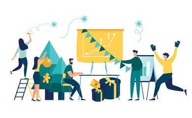 Vector illustration small people are preparing for the new year, are engaged in decoration, corporate in the office at work