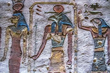 Burial chamber with colorful Egyptian hieroglyphics at the valley of the kings, Luxor, Egypt