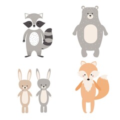 Character, animal clipart isolated on white background, fox, rabbits, raccoon, Bear in Scandinavian style. Cute forest childish print stock vector illustration