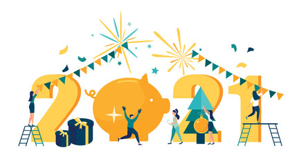 Vector 2021 illustration, workers celebrate Christmas and New Year, festive atmosphere, the year of the pig.
